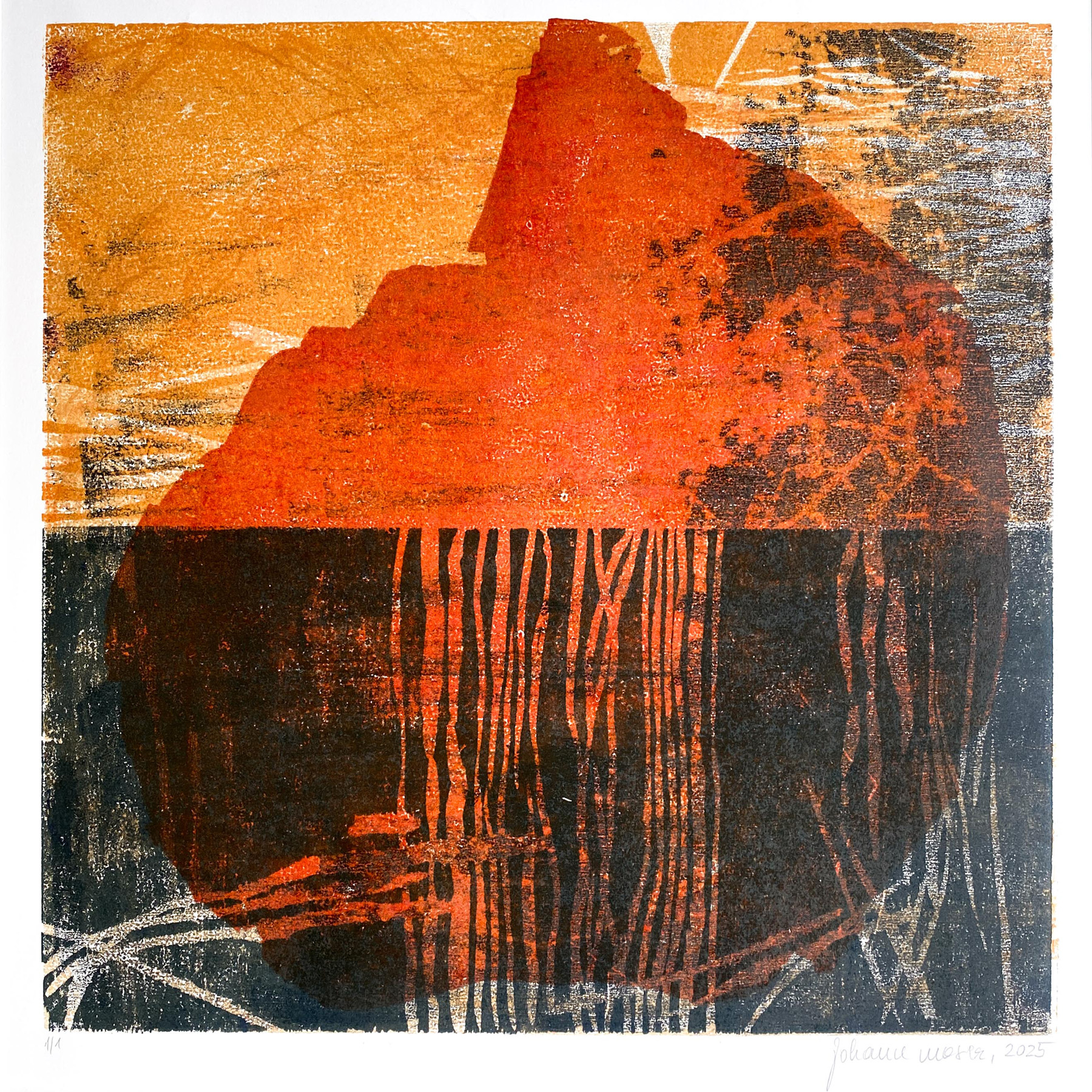 Holzschnitt in warmen Farben mit mehrere Platten