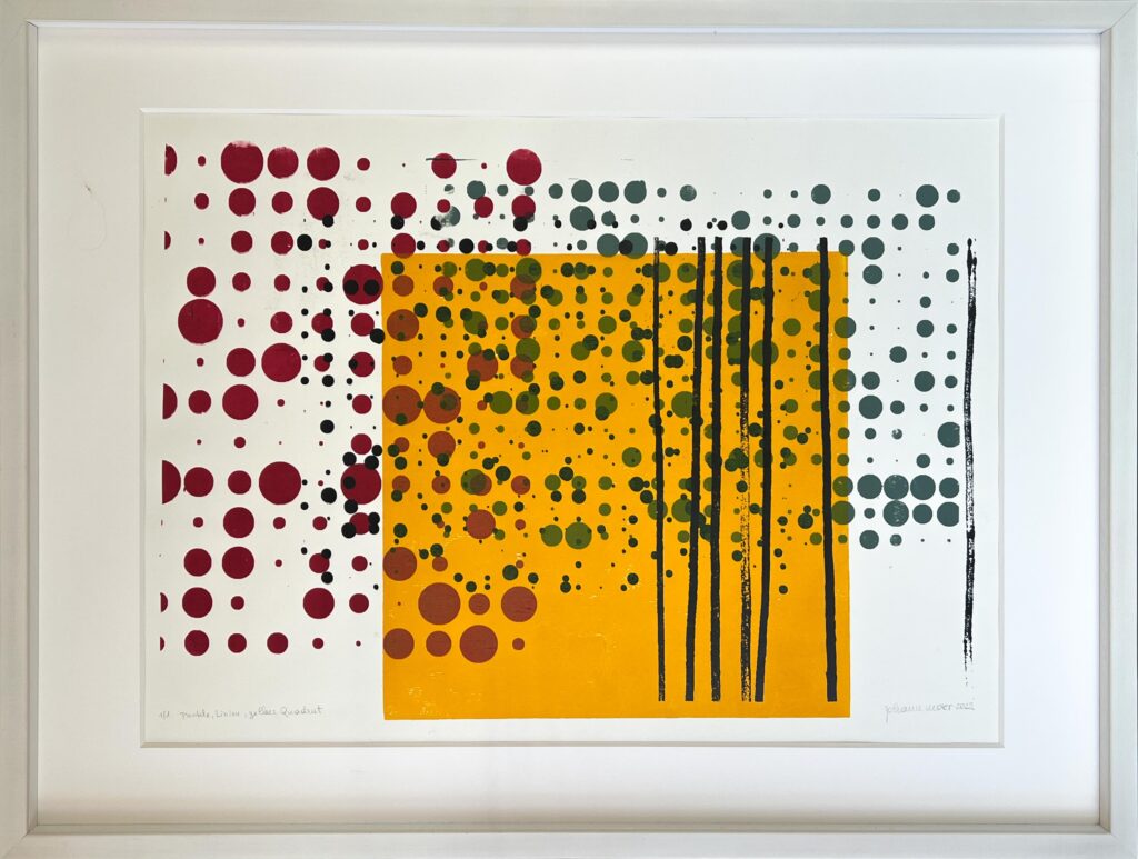 Punkte, Linien, gelbes Quadrat, 2023. 60 x 80 cm
